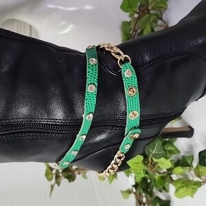 Gold Cuban Link Chain and Green Leather Boot Ankle Bracelet